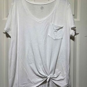 SO Women's Large white picket tshirt with tie at bottom